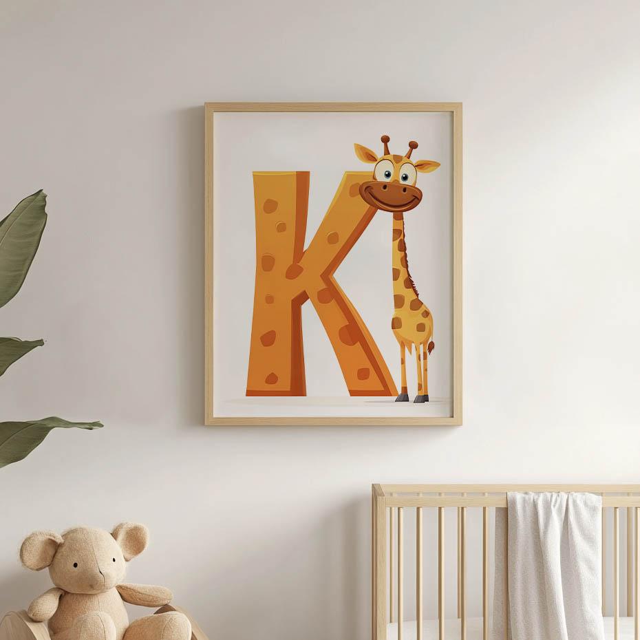 Żyrafa Z Literką K - Radosny Plakat Dla Dzieci Żyrafa Z Literką K - Radosny Plakat Dla Dzieci, 70X100 Cm, Rama Drewniana Ciemny Brąz, Papier Matowy 23