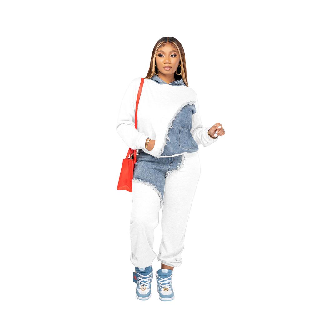 Women Two Piece Sets Tracksuit Autumn Jeans Splicing Hooded Top Sweatshirts Pocket Jogger Pants Suit Loose Female Office Lady