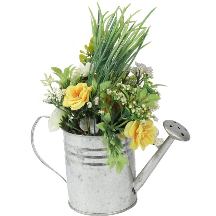 Yellow Spring Easter Arrangement in a Watering Can - Decorative Artificial Flowers 20cm