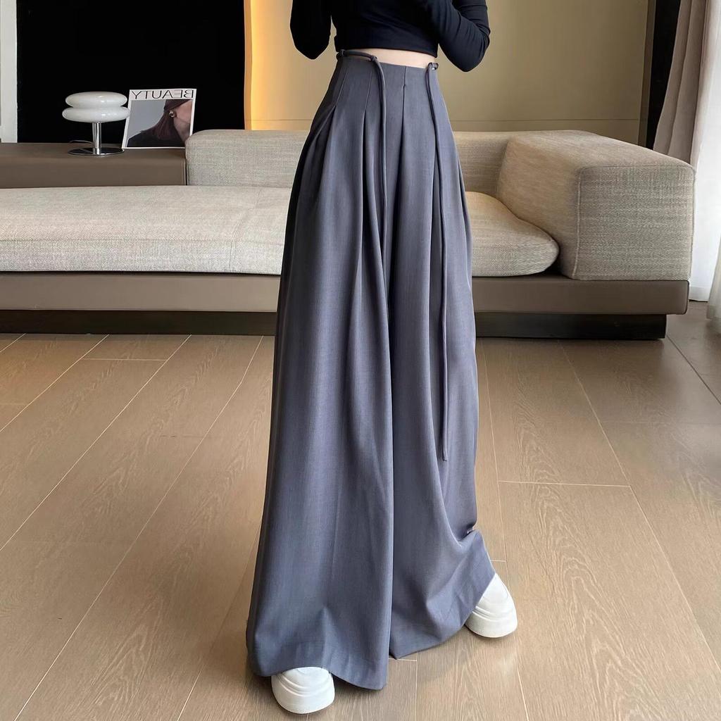 Осенние женские высококачественные серые повседневные брюки со шнуровкой и утягивающим живот широкими штанинами длиной до пола