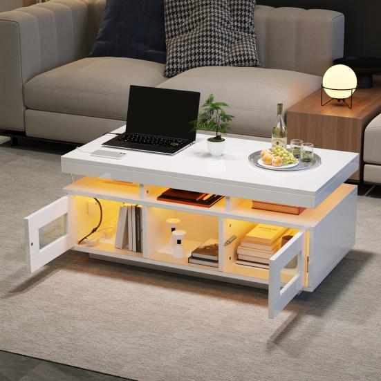 100x50x43cm Black High-Gloss Coffee Table, with LED Lights Controllable, Mobile App, Living Room Table with Cabinet, Sofa Table with Charging Port And