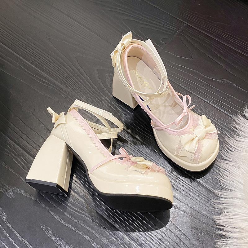 Туфли Лолиты темперамент Мэри Джейн водонепроницаемый стол толстый каблук высокие каблуки ремешок бант милая девушка Туфли Лолиты