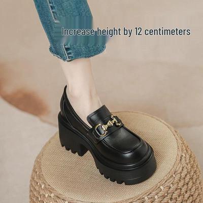 Женские лоферы из натуральной кожи на толстой подошве, на маленьком высоком каблуке, в британском стиле, с дизайном с пряжкой, черные туфли для весны и осени.