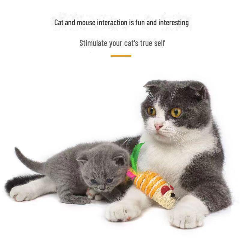 Игрушка для кошек «Сизалевая мышь с перьями» — обучающая и интерактивная игрушка для домашних животных