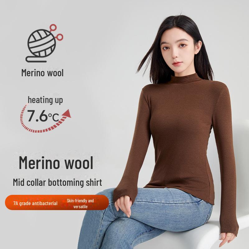 Women's Slim-Fit Mid-Neck Woolen Long-Sleeve Top - Warm German Fleece for Autumn and Winter