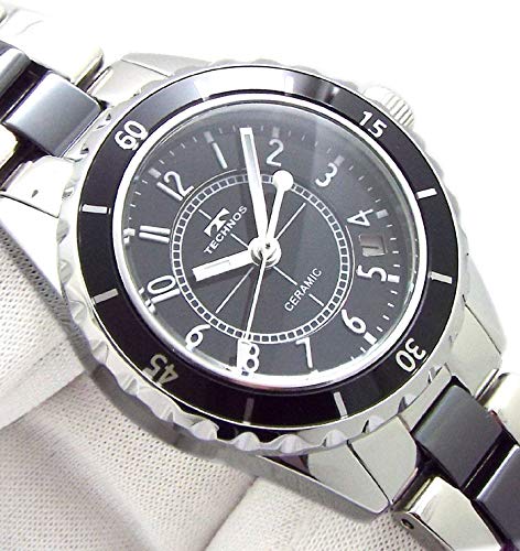 TECHNOS Женские часы с керамическим черным циферблатом, серебристо-черный, в комплекте инструмент для регулировки ремня TSL918TB-SET