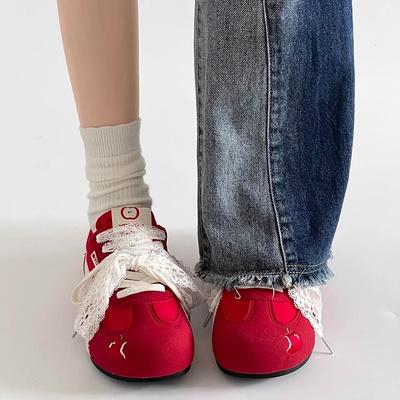 Женские туфли-яблоки красного цвета, новые ретро спортивные летние дышащие повседневные туфли-балетки на тонкой подошве