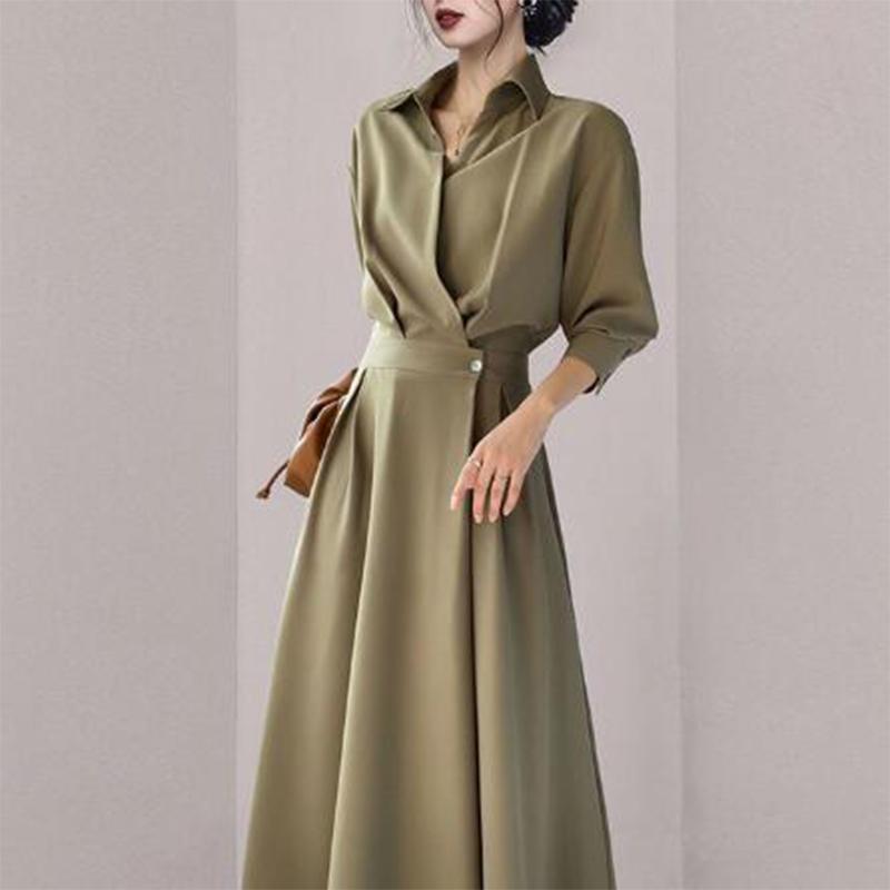 Летние новые элегантные модные однотонные простые длинные платья с высокой талией для женщин с воротником-поло, стильные универсальные платья Vestidos De Fiesta
