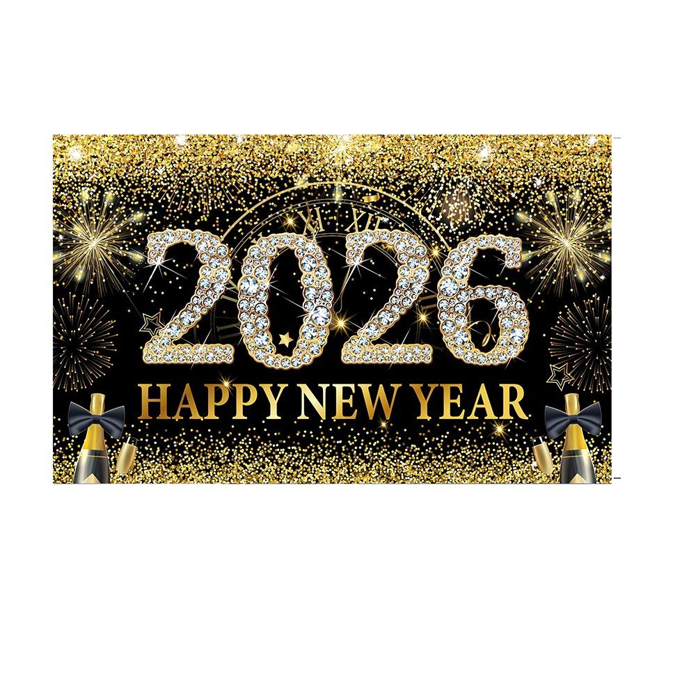 Black Gold 2026 New Year Backdrops Polyester Night Glittering Party Background Colorful Balloon Champagne Photo Background
