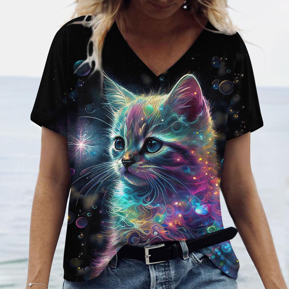 Cute Kitten Women's T-Shirts V-Neck Short Sleeve Harajuku Tshirts Summer Woman Fashions Tops Loose Casual Clothing Kawaii
