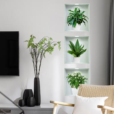 3D Трехмерный Триптих Обои с Горшечными Зелеными Растениями Гостиная Прихожая Фон для Дивана Декоративные Наклейки на Стену