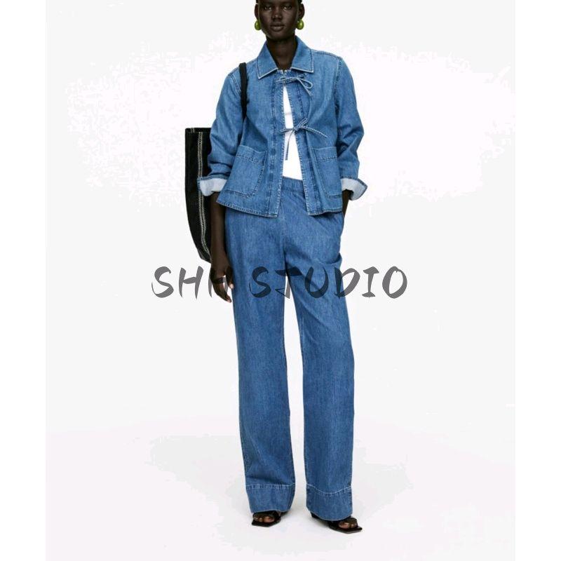 Fall Loose Lace-up Denim Jacket Coat 1268488 Mid Waist Straight-Leg Wide-Leg Pants 1268300