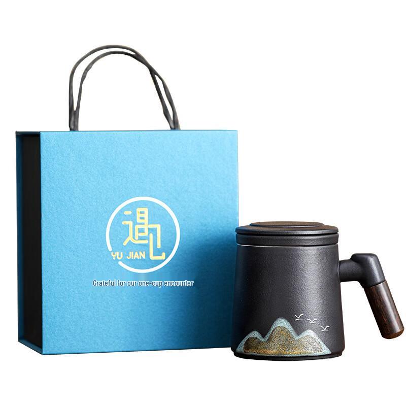 Coarse Pottery Tea Set with Green Mountain Bird Mug