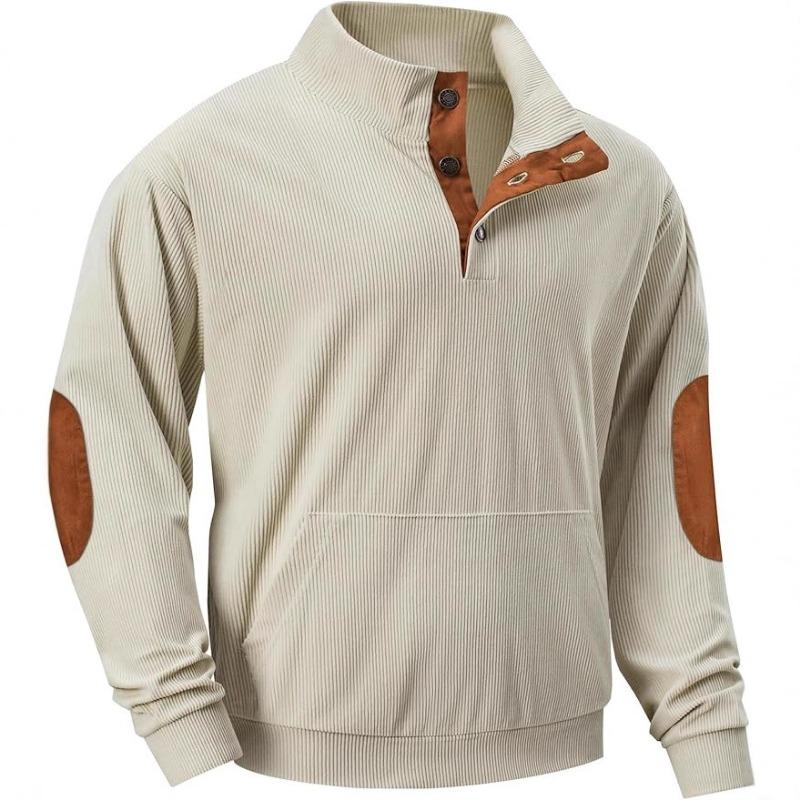 Men S Warm Corduroy Sweatshirt Stand Collar Long Sleeve Pullover With Patch Pockets