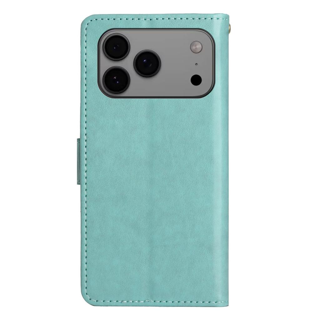 Кожаный чехол-кошелек для iPhone 17 Pro Max с тиснением "Бабочка и цветок" и ремешком
