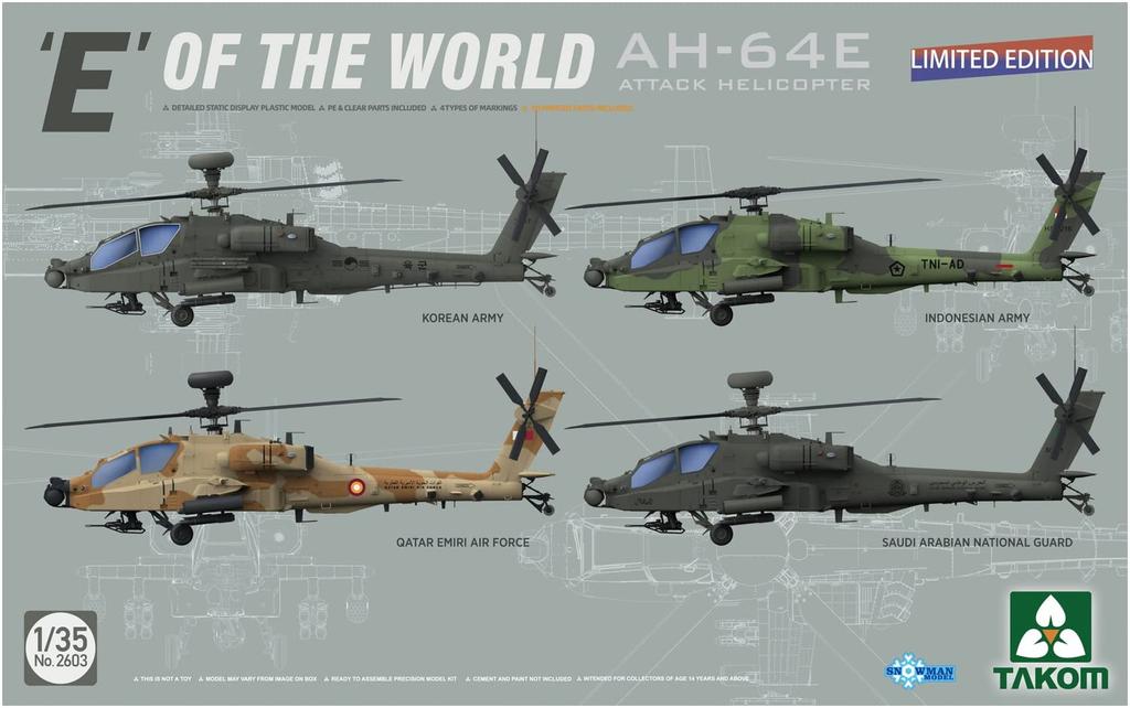 Takom Scale South Korean Army E Attack Helicopter Limited Edition Plastic Model Kit TKO2603 1/35 AH-64E World's
