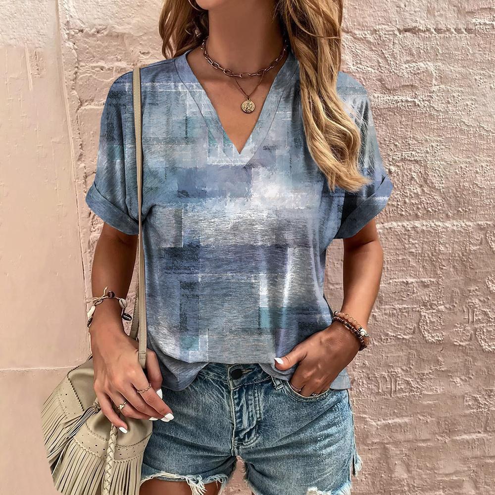 Лоскутная клетчатая женская футболка с геометрическим принтом, v-образным вырезом, короткими рукавами, летние роскошные топы, женские рубашки и блузки большого размера