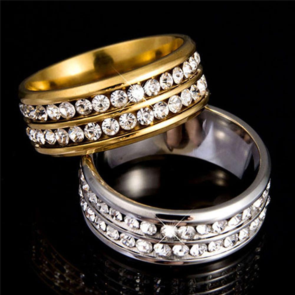 Womens Mens Fashion Double Rows Rhinestones Titanium Steel Wedding Jewelry Ring MIT