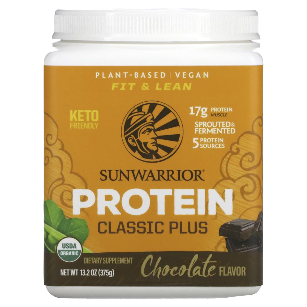 Sunwarrior Classic Plus Protein, Organic Plant-Based, Chocolate, 13.2 Oz (375 G)