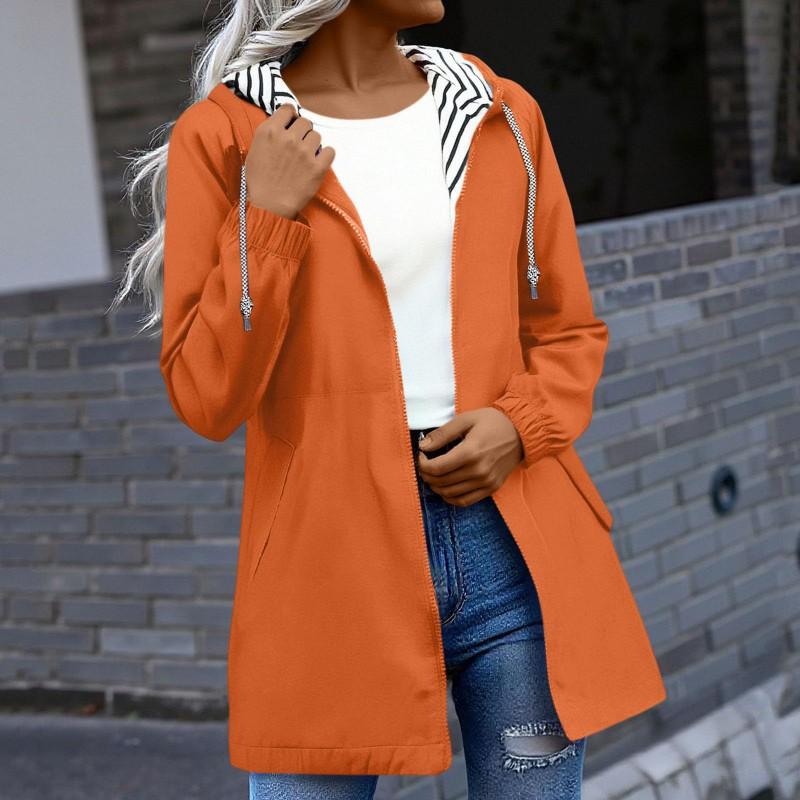 Womens Casual Hooded Long Sleeve Mid-Length Windbreaker Water-Resistant Zip Coat