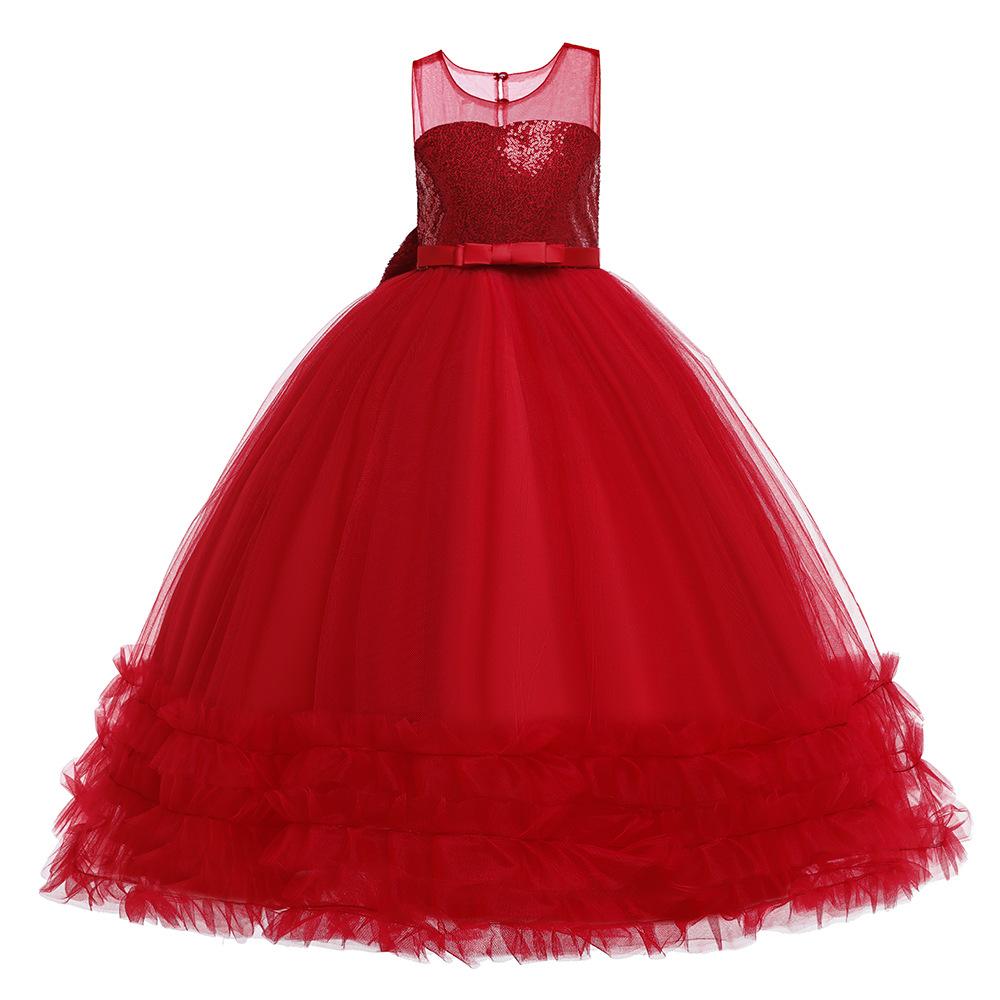 Girls Sequins Tulle Dress Sleeveless Bowknot Birthday Prom Princess Wedding Pageant Communion Party Long Ball Gown