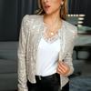Women Casual  Long Sleeve Blazer Suit Open Front Sequin Coat Female Jacket Sequin Pearls Cardigan Coats O-Neck Outerwear Ladies Woman Black Silver