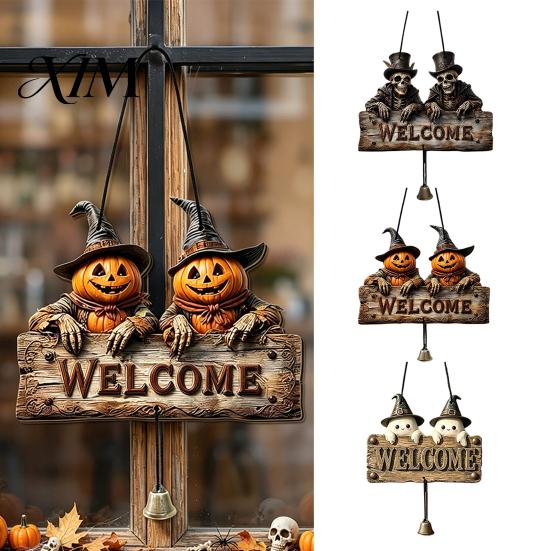 Rustic Holiday Door Sign Halloween Wooden Welcome Hanging Sign, Vintage Farmhouse Hanger with Skeleton Pumpkin Seasonal Window Ornament Ghost,