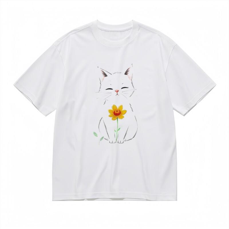 Женская дышащая классическая футболка с принтом улыбающейся кошки и цветов