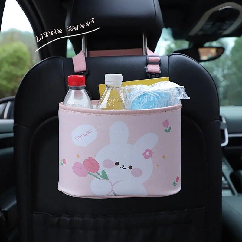 Cartoon Bear Car Seat Back Storage Bucket Leather Printing Hanging Waterproof Large Capacity Multi-function Trash Can