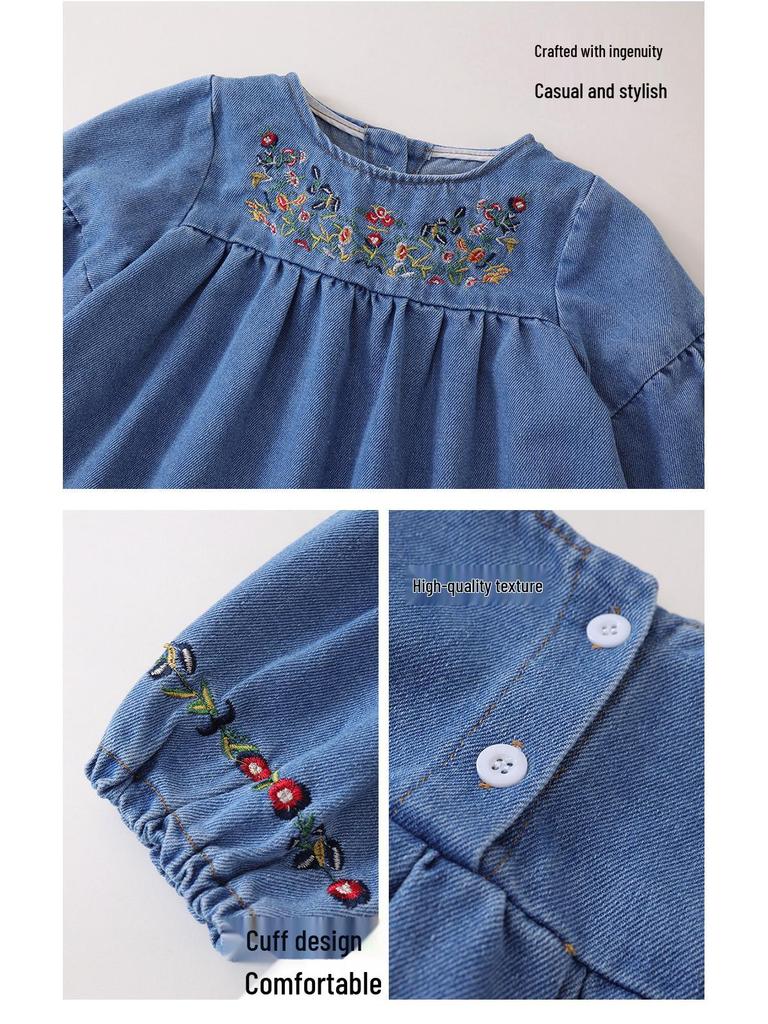 MDD 2024 Милое джинсовое платье с вышивкой в виде цветов, с длинным рукавом для девочек