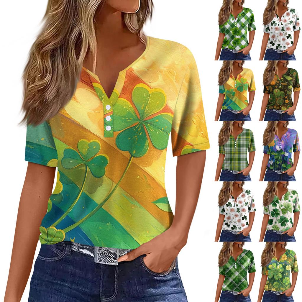 Women's T Shirt Tee Print Button Short Sleeve Daily Weekend Fashion Basic V- Neck Regular Top St. Patrick's Day