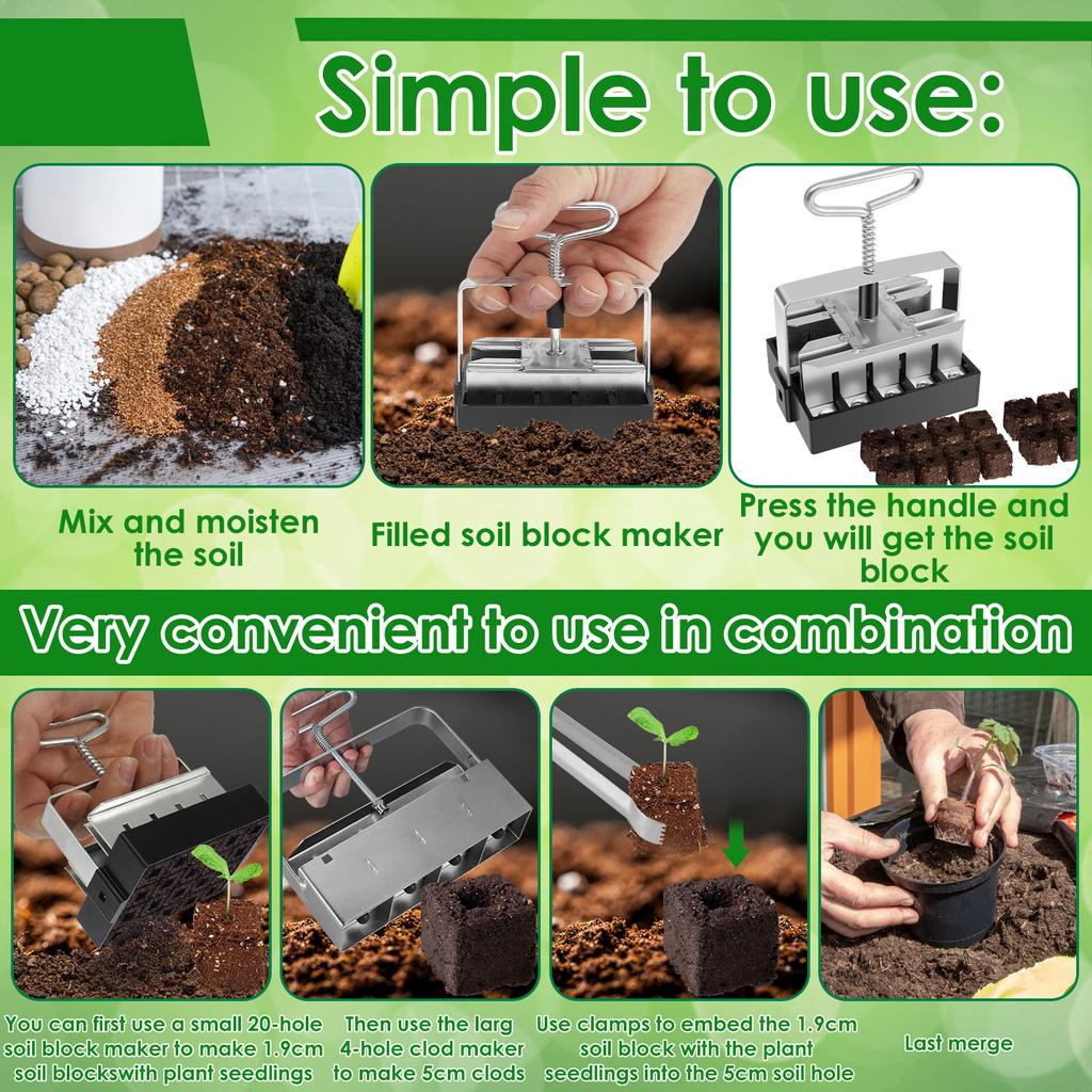 2 шт. Блокировщик почвы 4 ячейки / 20 ячеек Изготовитель почвенных блоков с зажимом Ручной инструмент для изготовления семенных блоков с ручкой из нержавеющей стали