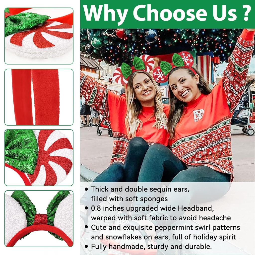 Shiny Sequin Mouse Ear Headbands, 2 PCS Classic Bow Headbands for Adult Women and Girls (Red Sequin & Red Dot)