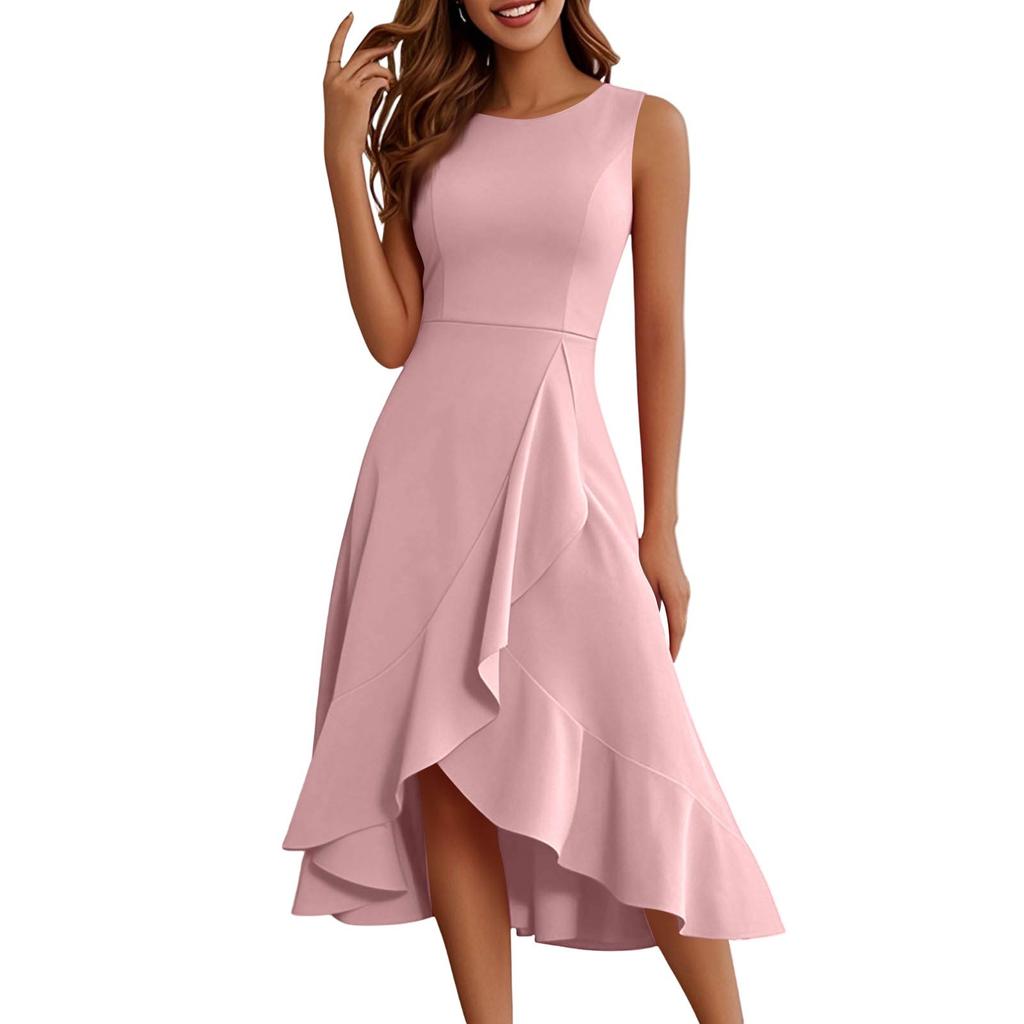 Женское модное повседневное платье без рукавов с круглым вырезом, однотонное, элегантное, темпераментное, с оборками, платья
