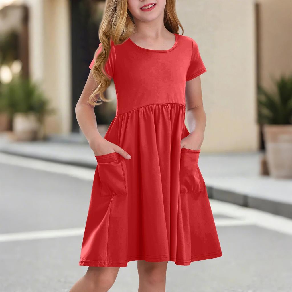 Children's Skirt Round Neck Short Sleeve Princess Dress Fashion Casual Pocket Dress For Girls
