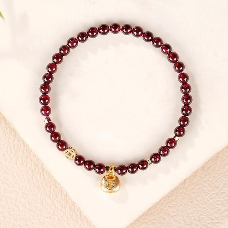 Natural Garnet Beaded Bracelet With Coin Charm Lucky Bag Pendant Boho Chic Womens Handmade Jewelry Gift