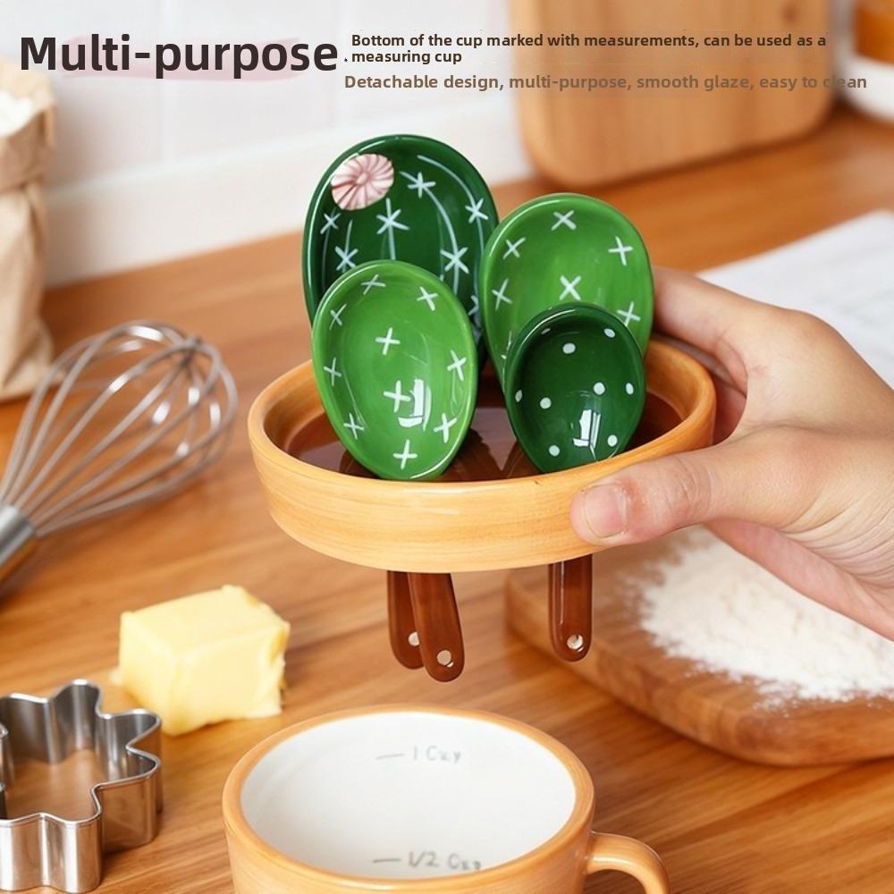 with Base Measuring Spoons Set Ceramic Cactus Ornament Kitchen Measuring Spoons Seasoning Storage
