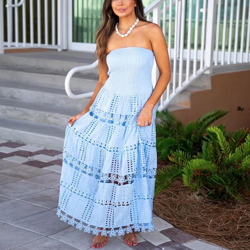 Hollow Out Dresses For Women Strapless Sleeveless High Waist Embroidery A Line Solid Backless Dress Female Fashion