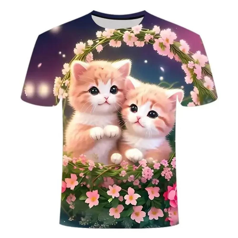 Детская летняя одежда с милым принтом кошки с коротким рукавом, мультяшный красивый топ для девочек, повседневная футболка с круглым вырезом