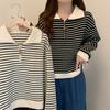 Топ женский осенний полосатый пуловер с половиной молнии с v-образным вырезом и длинными рукавами, свитер, свободные повседневные универсальные топы