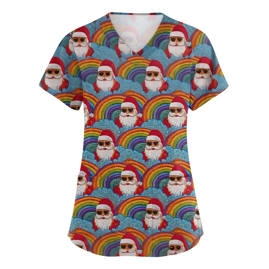 Женский топ защитного костюма с V-образным вырезом, рождественским принтом, короткими рукавами, карманом и боковым разрезом