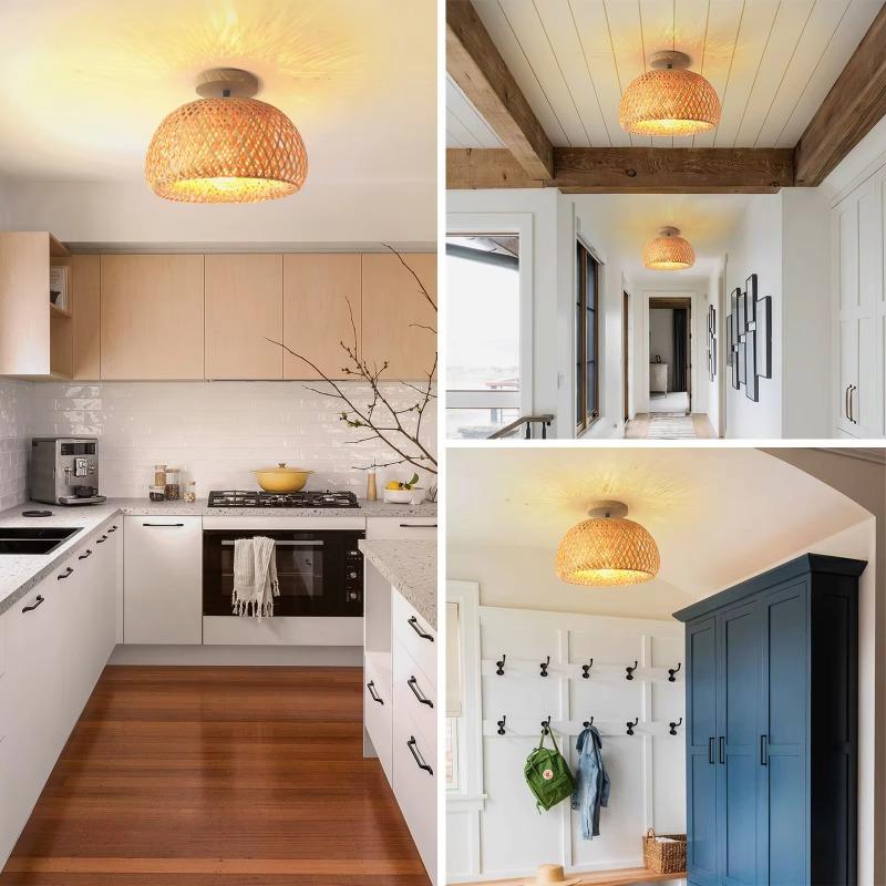Vintage Bamboo E27 Retro Ceiling Light Hand Woven Bamboo Rattan Boho Light for Farmhouse Kitchen Island Dining Room Home Decor