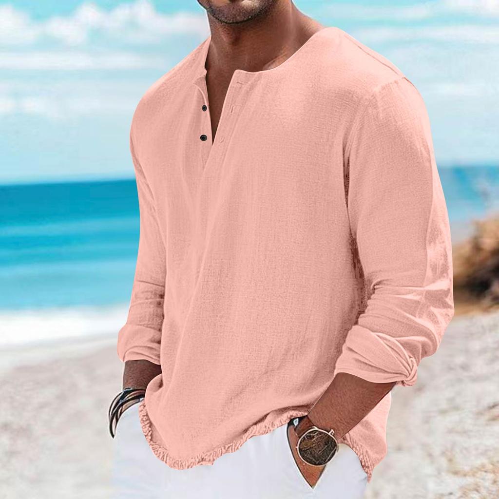 Мужская повседневная рубашка-henley с длинным рукавом, четыре пуговицы спереди, легкий пуловер, облегающий топ с круглым вырезом