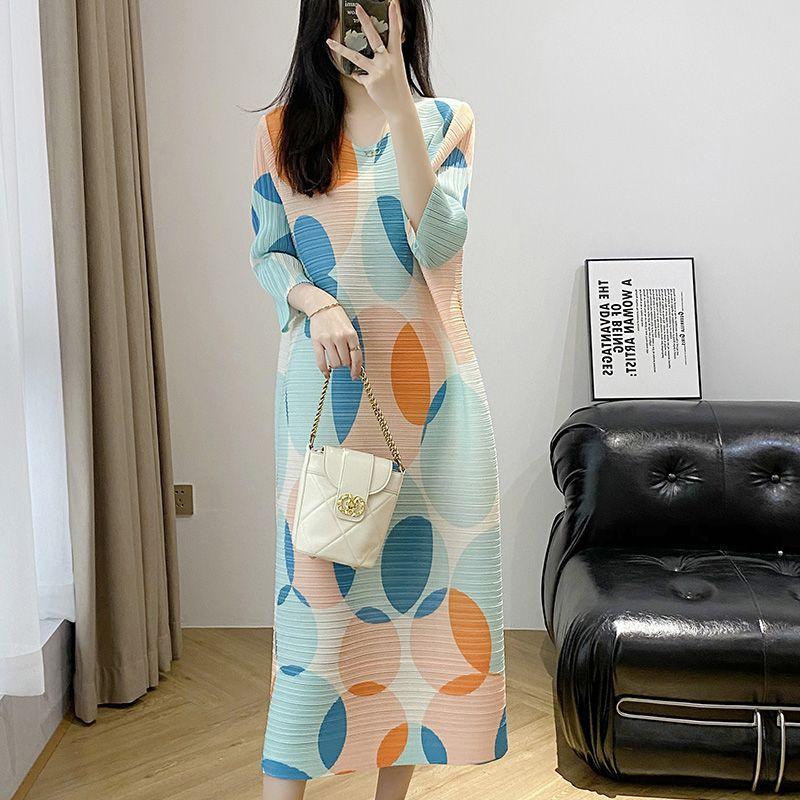 Women's Print Dress Summer Loose Pleated Plus Size Dress Long Cropped Sleeve Dress for Beach