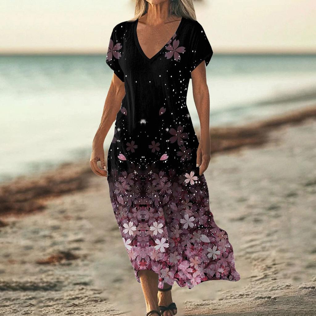 Fashion Women's Summer V-Neck Short Sleeve Floral Print Beach Dress