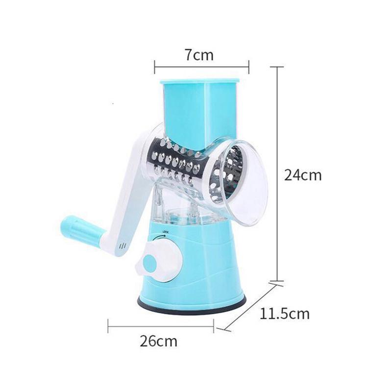 Механическая овощерезка с тремя различными насадками и различных цветов. Быстрое и удобное крепление к поверхности