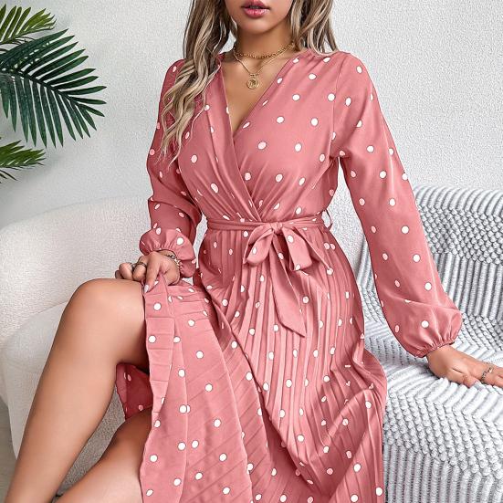 Women's Long Sleeve Dress V-Neck Polka Dot Dress with Tie Waist Long Pleated Dress for Office Parties Date