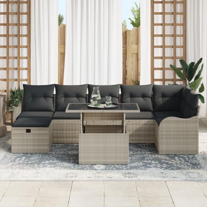 Ensemble de canapé de jardin 8 pièces avec coussins gris clair rattan poly 3359729