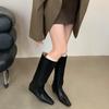Модные ботфорты до колена в британском стиле с узким квадратным носком, женские черные туфли из мягкой кожи, однотонные, слипоны, на скрытой платформе, длинные ботинки-ботфорты