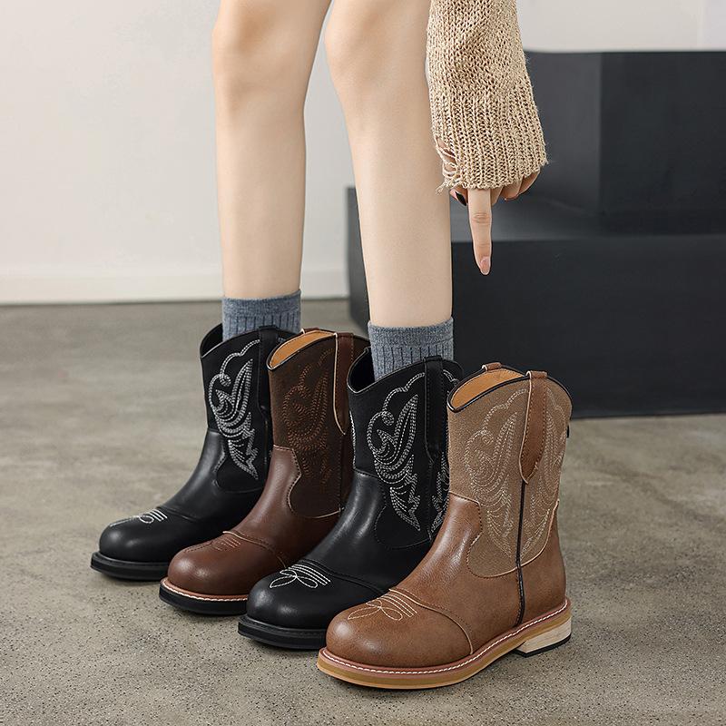2024 European and American Embroidered Back Zipper Sleeve Knight Boots Women's Retro Thin Breathable Short Western Boots